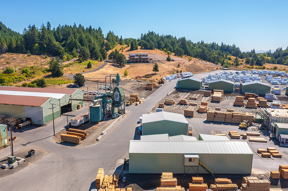 PLM wood yard with stacked piles of cut wood and warehouses with a forest in the background
